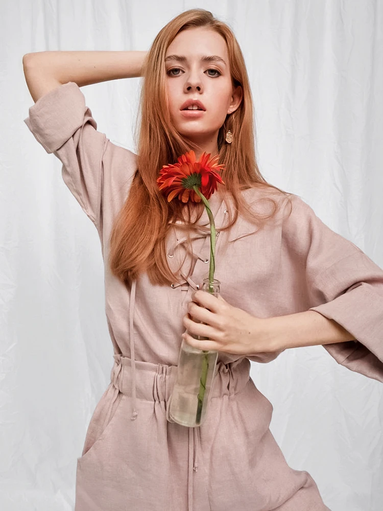 

Hiloc Lace Up Women Pajama Brown 100% Cotton Women's Nightwear Sexy V-Neck Sleepwear Grey Loose Homewear Set With Shorts Summer