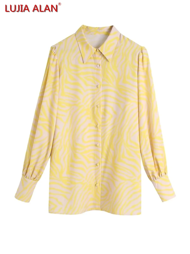 

Zebra Stripes Women Shirts Autumn Female Turndown Collar Lantern Sleeve Blouse Casual Lady Loose Tops Blusas LUJIA ALAN B580