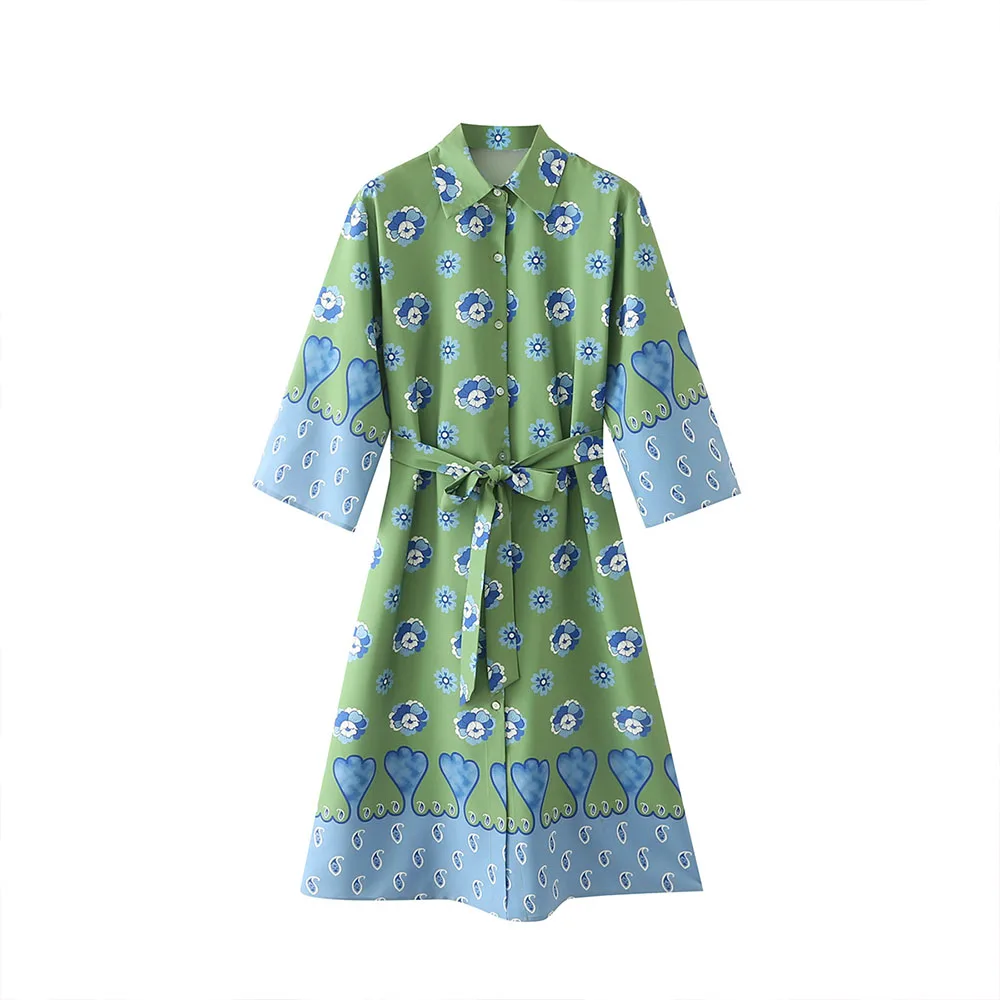 

ZATRHMBM Женская одежда, новинка, модное винтажное платье миди с длинным рукавом и цветочным принтом, платья на пуговицах с подходящим поясом дл...