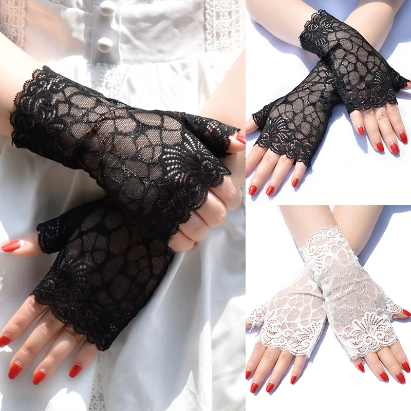 

Half Finger Lace Gloves Breathable Mesh High Elastic Mittens Solid Color All-match Ultra-Thin Fingerless Driving Gloves