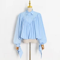 loose frill trim shirt for women lapel long sleeve casual lace up bow blouse female fashion new clothing autumn