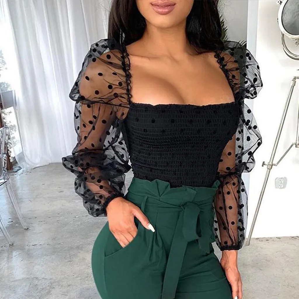 

Women Fashion Sexy Off-shoulder Solid Slim Patchwork Puff Sleeve Tops Blouse