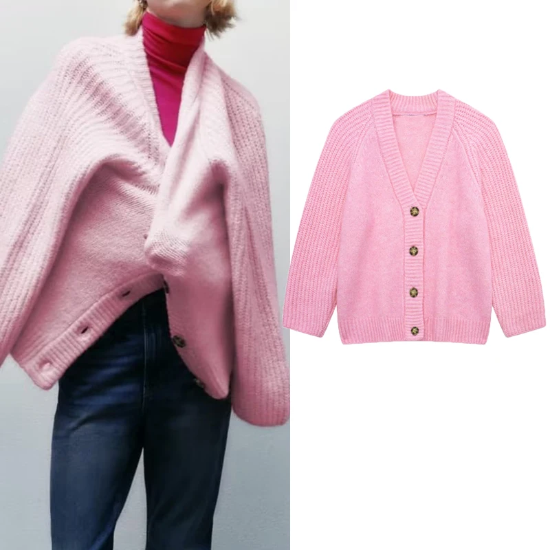 

Autumn Winter 2022 New Long-Sleeved Pink Single-Breasted V-neck Casual Fashion Knitted Cardigan Coat Women