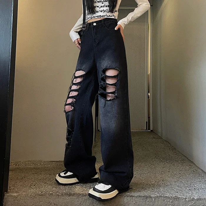 

Женские черные рваные джинсы, летние джинсовые брюки с высокой талией y2k, повседневные брюки в стиле Харадзюку, бойфренд свободного покроя, прямая женская одежда