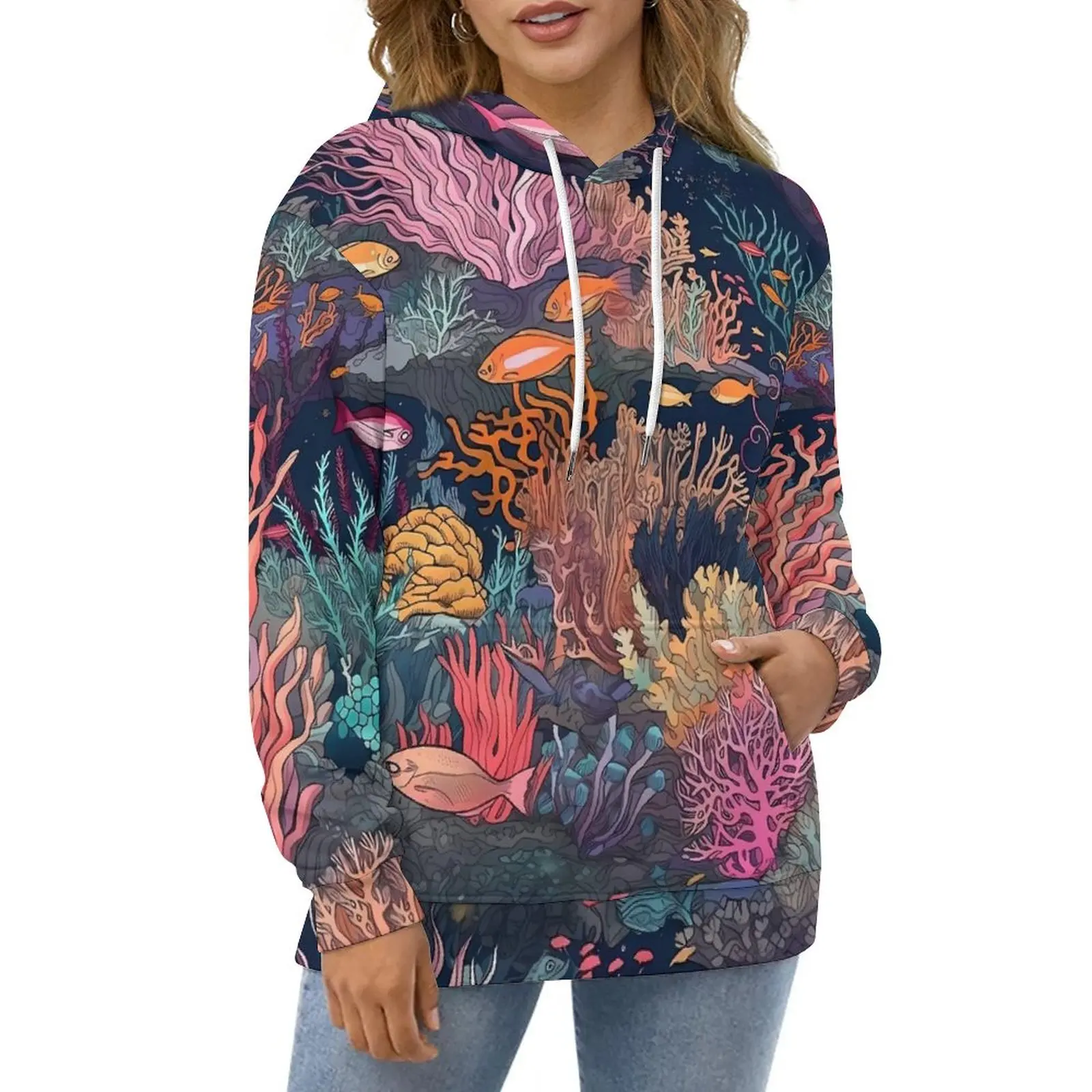 

Tropical Marine Hoodies Coral Reef Print Harajuku Casual Hoodie Long-Sleeve Pretty Graphic Hooded Sweatshirts Big Size