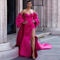 caroline hot pink mermaid sweetheart evening dress detachable puff sleeves long train bow satin prom gowns party custom made