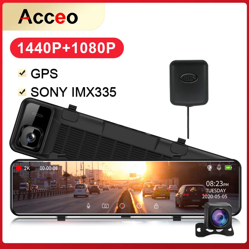 Acceo 2K Car Dvr Mirror 12 Inch Dash Cam Video Recorder Sony IMX335 Stream Media Dash Camera Support GPS 1080P Rear View Camera