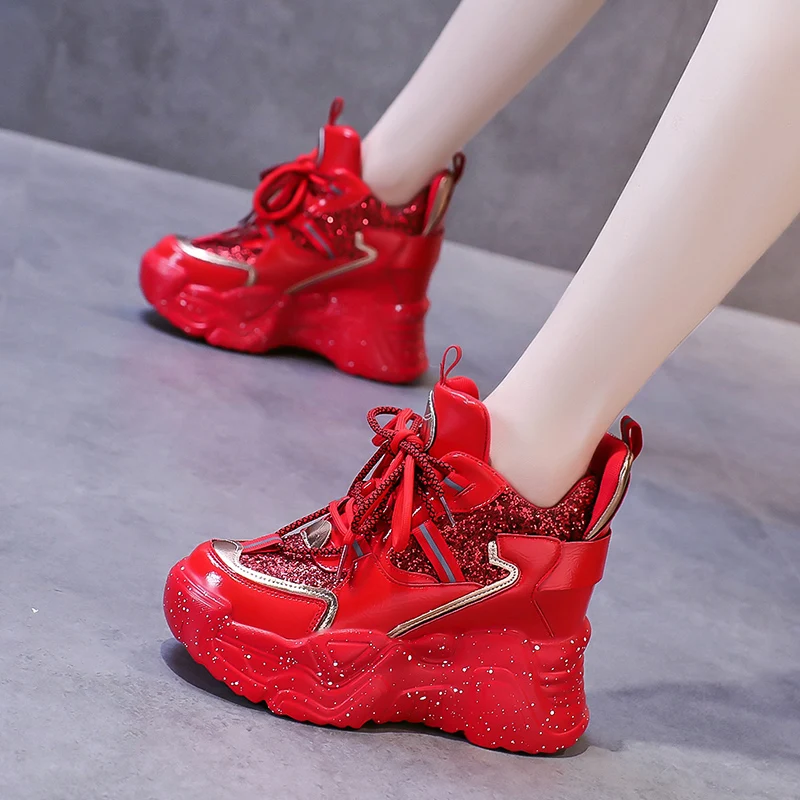 

New 2022 Spring Women High Platform Shoes 10CM Comfortable Chunky Sneakers Breathable Bling Leather Casual Sport Dad Shoes Woman
