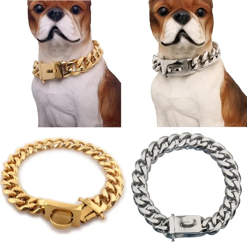 

Strong Metal Dog Chain Collars Stainless Steel Pet Training Choke Collar For Large Dogs Pitbull Bulldog Silver Gold Show Collar