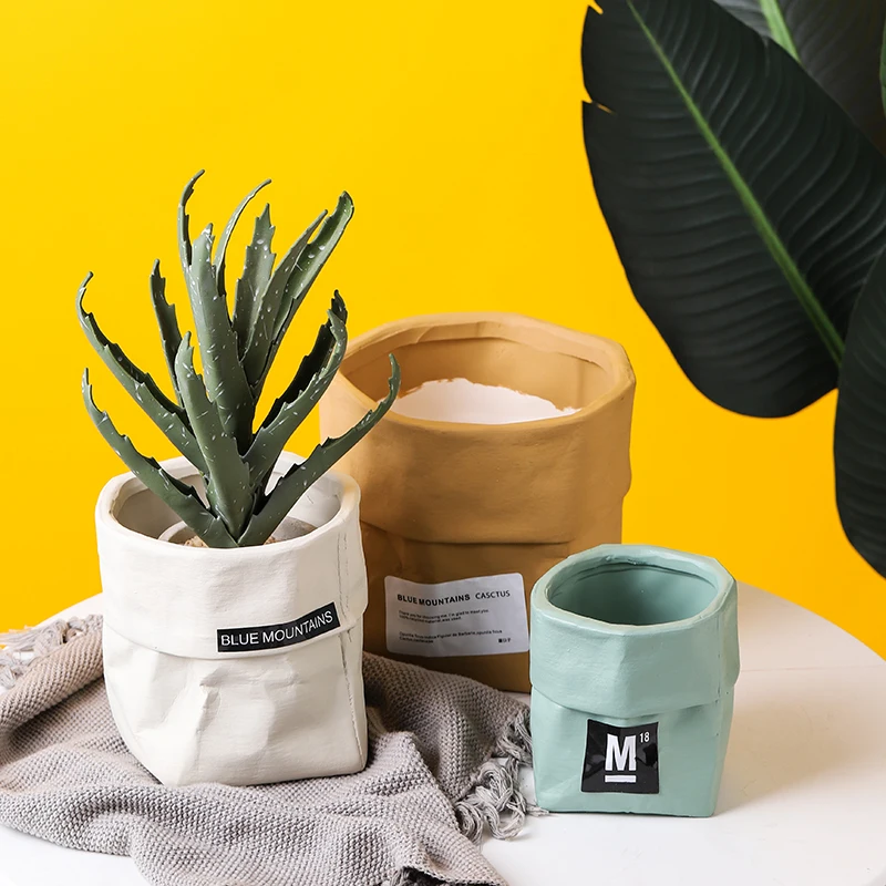 

Nordic Style Decorative Desk Flower Planter Ceramic Flower Pots Kraft Paper Bag Shape Garden Ports Balcony Home Decoration