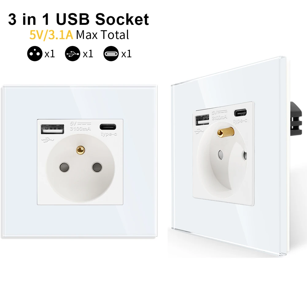 

TouchMI French Wall Electrical Socket Glass Panel Electrical Outlets With USB 5V 3.1A Fast Charging Type-C Power Socket 16A 220V