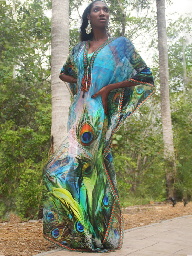 

Пляжная блузка с принтом в виде зеленых перьев, пикантное праздничное солнцезащитное платье, блузка бикини, женское кимоно, Новинка лета 2022