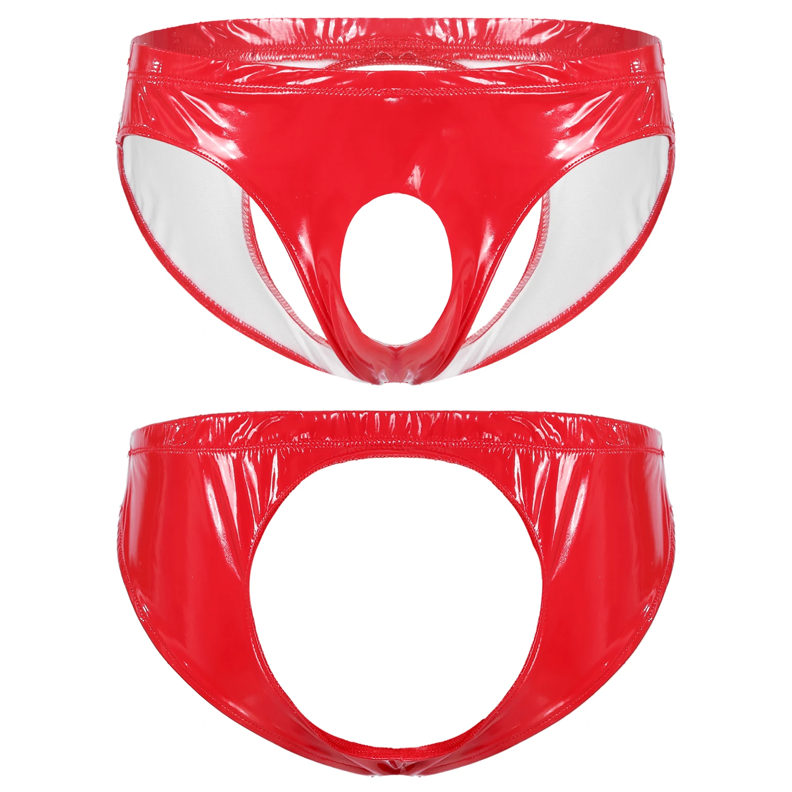 

Mens Lingerie Underwear Hollow Out Low Waist Briefs Panties Wet Look Patent Leather Open Butt Underpants