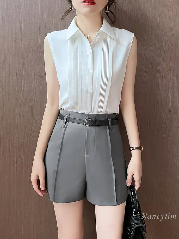 Gray Suit Shorts Women's Summer New Korean Style Belt High Waist Slimming Commuting A- Line Wide Leg Shorts Lady