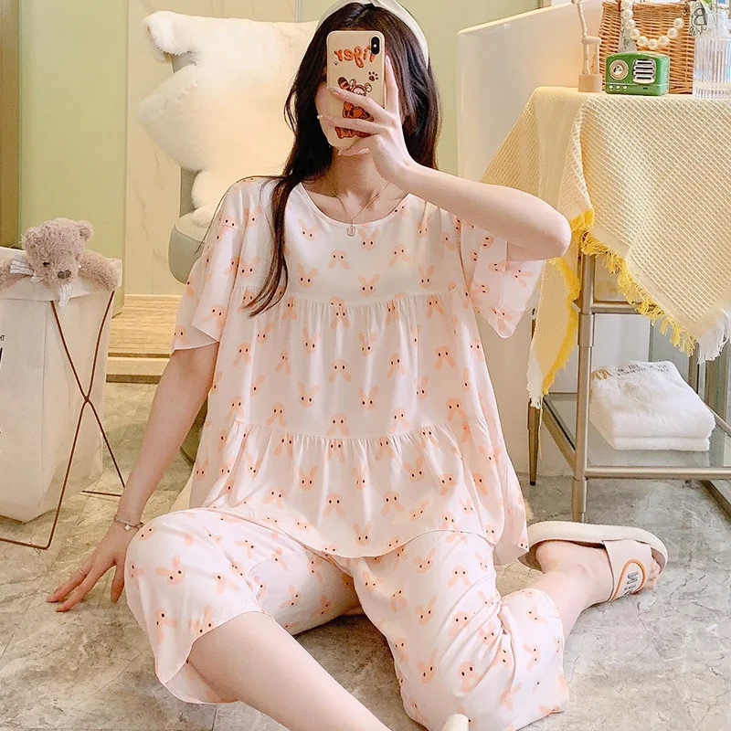 

Print Pajamas Set Thin Loose Sleepwear Casual Night Wears For Women Summer Big Size Loungewear Homewear Attractive Nightgowns