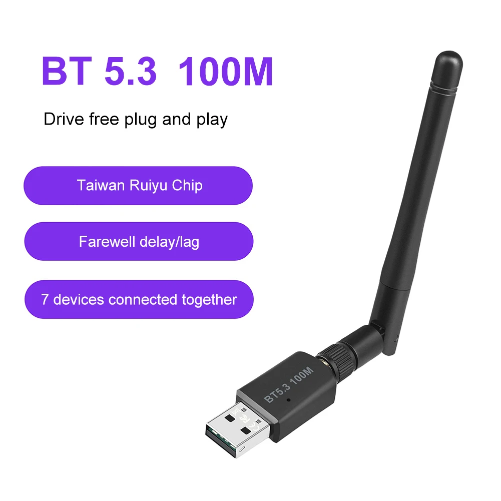 

Adapter Dongle 100M Long Range Audio USB Receiver Transmitter 3Mbps Bluetooth-compatible 5.3 Support Windows 7/win8.1/win10/11