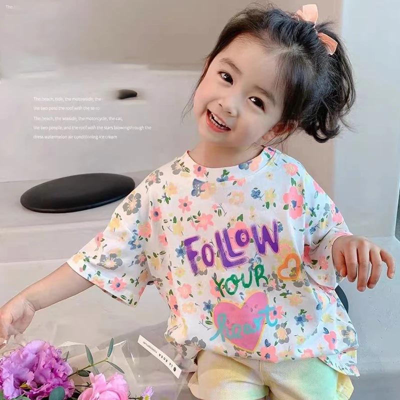 

Летняя футболка для девочек, детская футболка, Детские футболки, топы, детская одежда, модная яркая хлопковая Футболка с цветочным принтом и...