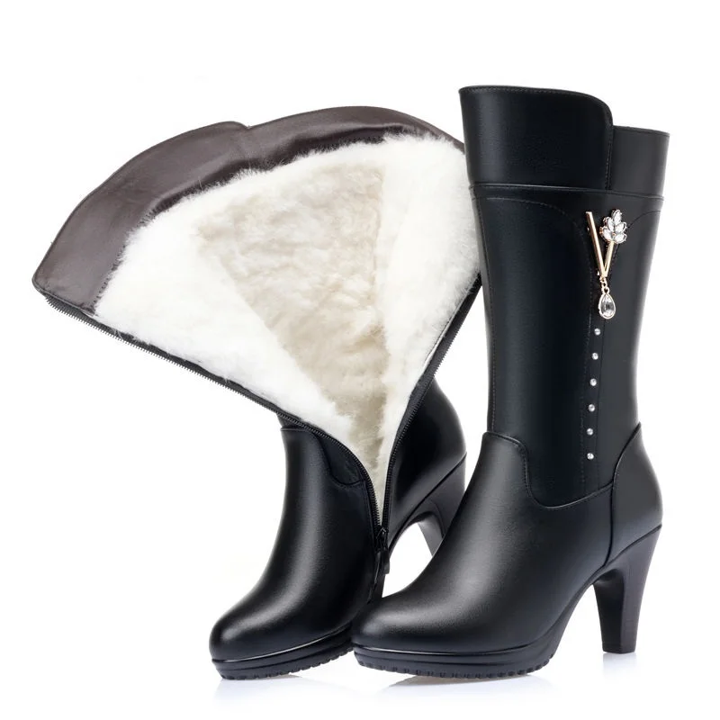 

FHANCHU 2022 Women Leather Knee Boots,Wool Plush Winter Shoes,Round Toe Platforms Square High Heels Botas,Black,Dropship