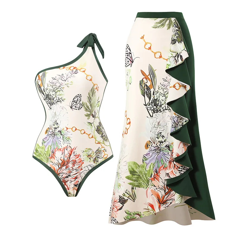 

2023 New Sexy Two Pieces Swimsuit Women Summer Single Shoulder Swimwear Beachwear Dress Cover Up Monokini Bath Suit