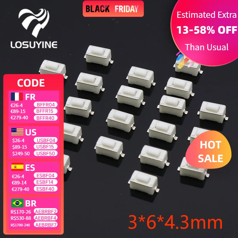 

Тактильный Кнопочный микропереключатель 100 шт. 2Pin SMD 3x6x4.3мм