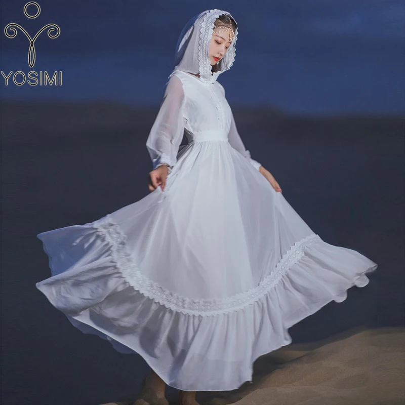 

YOSIMI White Chiffon Long Women Dress Elegant 2023 Summer Long Sleeve Maxi Dress Lace Hooded Fit And Flare Ankle-Length Vestido