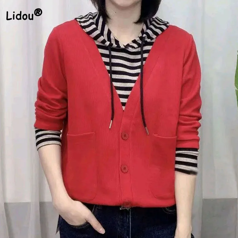 

Spring Summer Striped Spliced Casual Fake Two Pieces Hoodies for Women Fashion Pockets Long Sleeve Sweatshirts Female Clothing