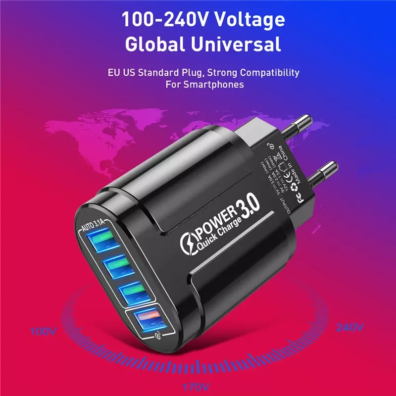 

48W USB Charger Fast Charge QC 3.0 Wall Charging For iPhone 12 11 Mobile 4 Ports EU US Plug Adapter Travel