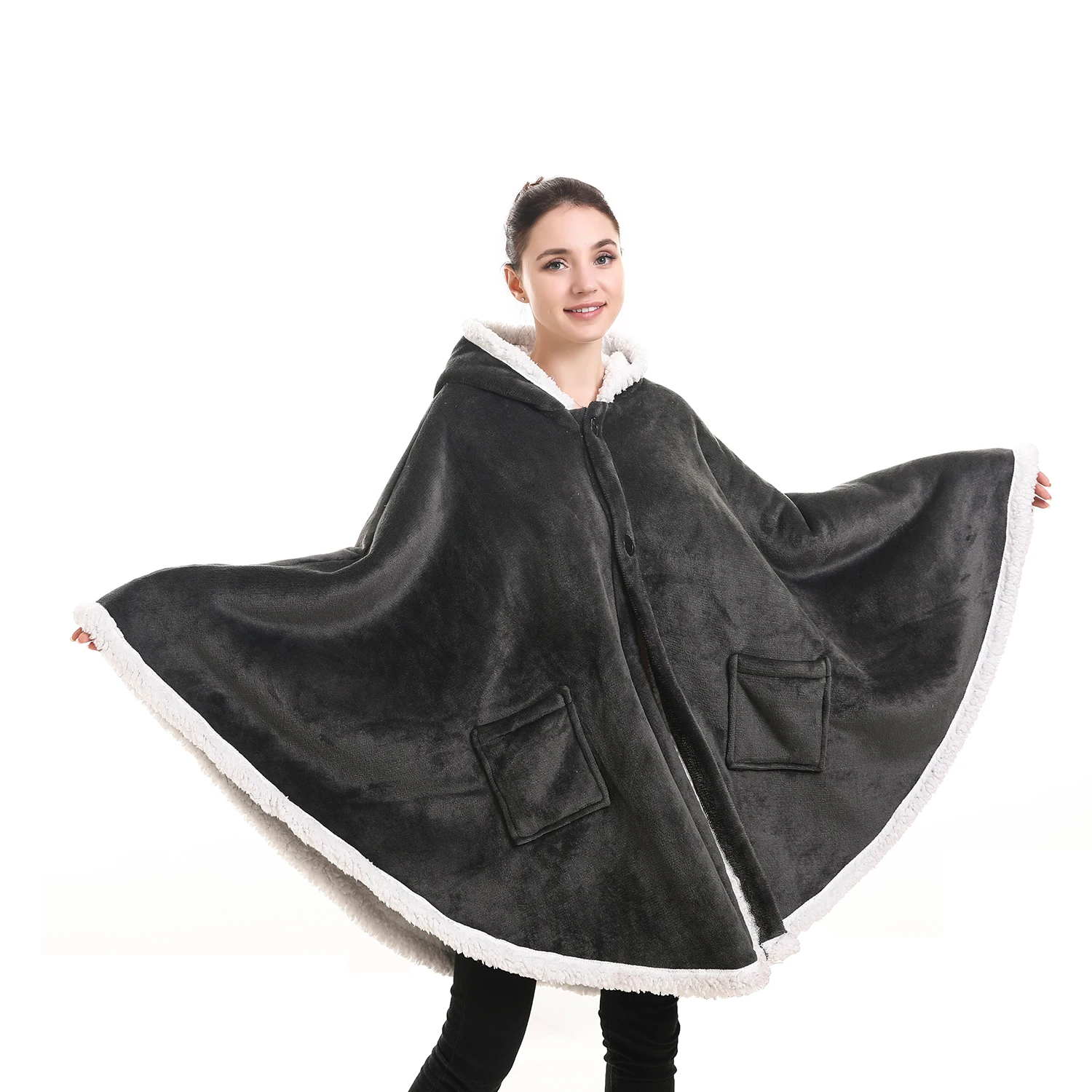 

1pc Wearable Plain Shawl Blanket With Button Double Weighted Fluffy Soft Warm Flannel Throws Blankets For Winter Sofa Bed Bedroo