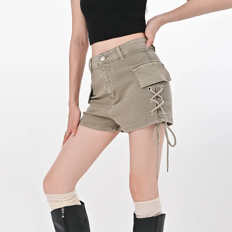Cargo Lace Up Denim Shorts Women Summer Drawstring Sexy High Waist Slim Skinny Hot Shorts Casual Female Y2K Streetwear Gray
