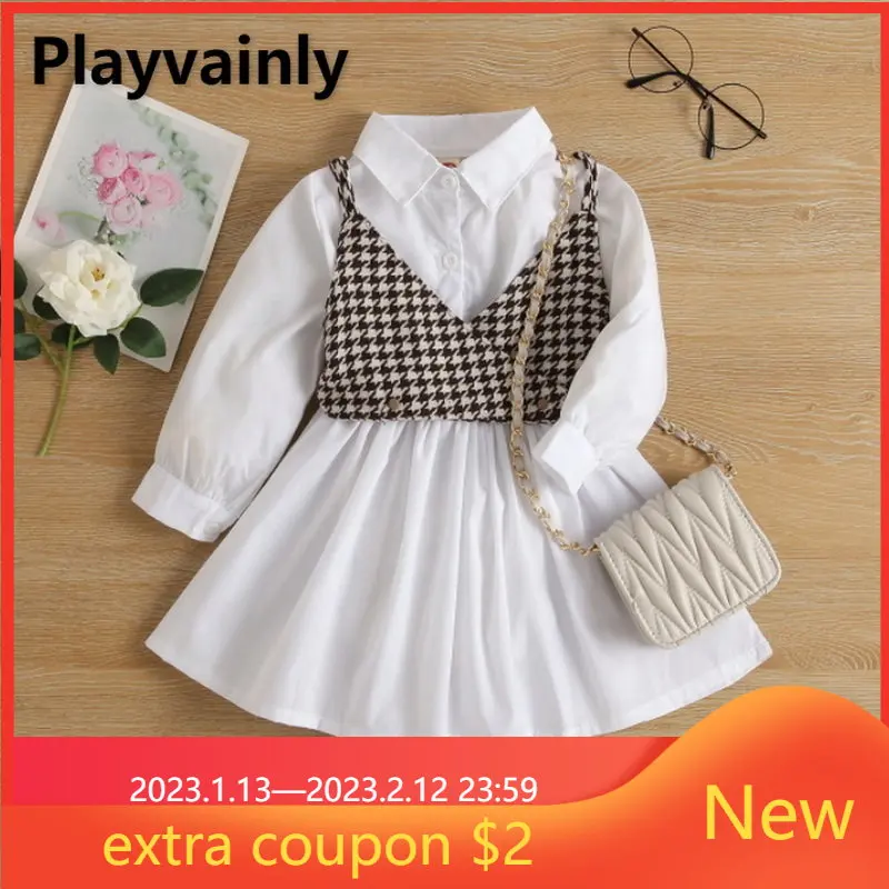 

Spring Kids Clothes for Baby Girl Sets Cotton Lapel Long Sleeve Shirt Dress+ Swallow Gird Vest 2pcs Suit Children Outfits E2295
