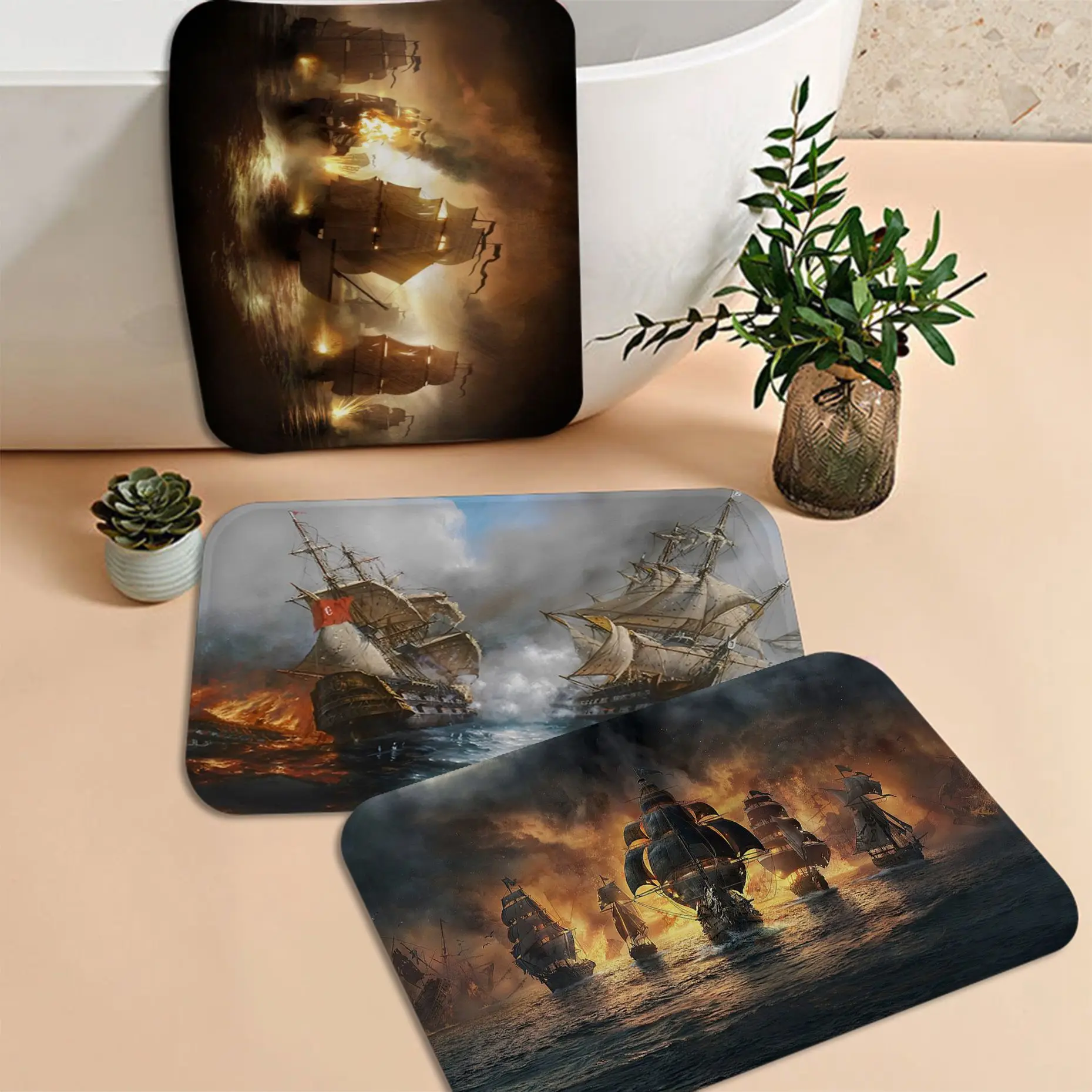 

Длинные коврики с изображением пиратского корабля, Нескользящие, впитывающие воду, длинная полосатая Подушка, коврик для спальни, декорати...