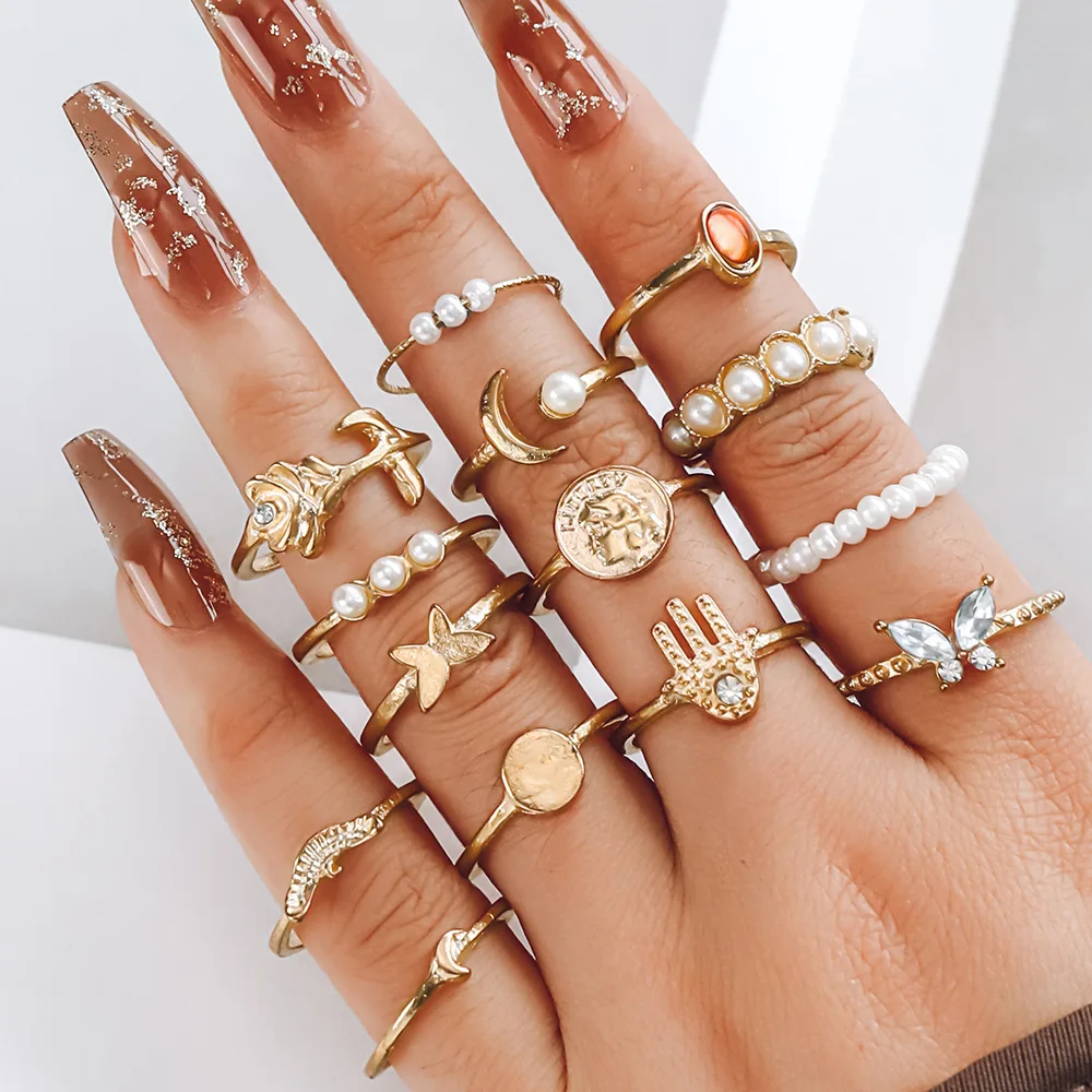 

Набор колец с золотыми костяшками для женщин, винтажные Регулируемые кольца в стиле бохо, Y2K, с бабочкой, змеиным узором, милое кольцо средней длины, Подарочная бижутерия