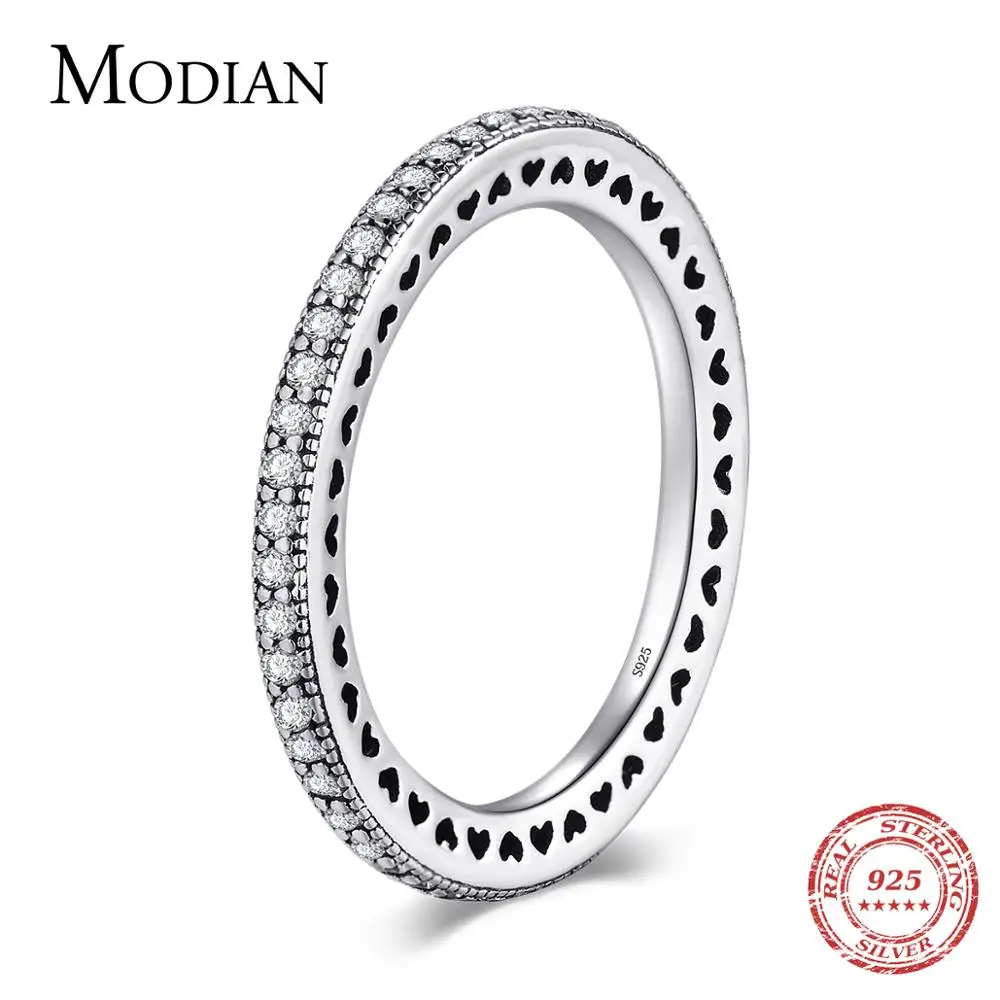 

Modian Authentic 925 Sterling Silver Hearts Ring Clear CZ Fashion Stackable Vintage Classic Luxury For Women Engagement Gift