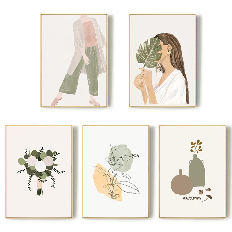 

Nordic Woman with Palm Leaves Canvas Painting Flower Bouquet Vase Wall Art Posters and Prints Pictures for Room Home Decoration