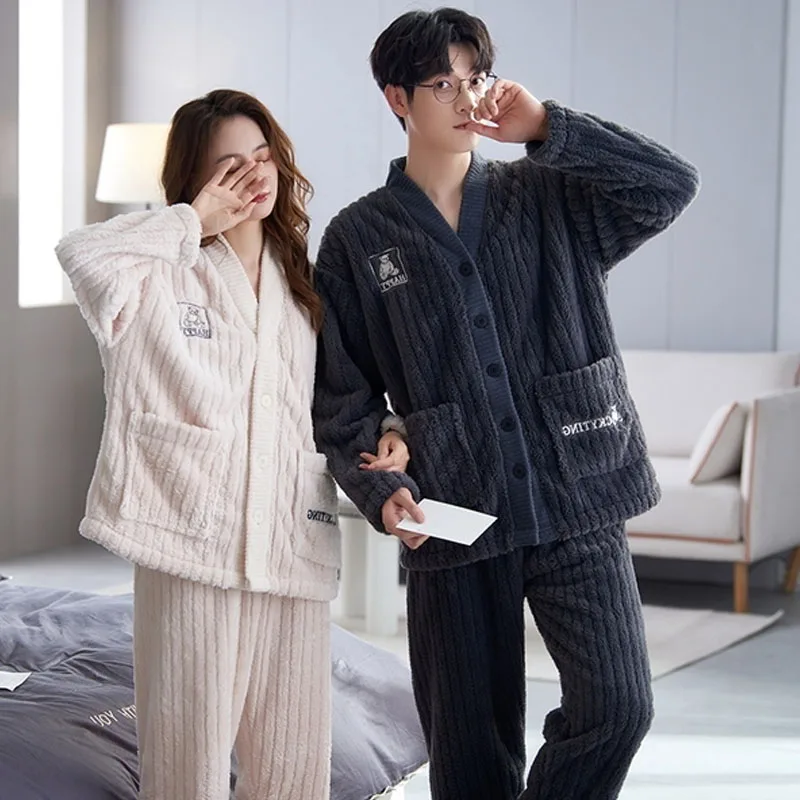 QUHENG 2022 Winter Long Sleeve Thick Warm Flannel Pajama Sets for Men Coral Velvet Sleepwear Suit Pyjamas Homewear Clothes