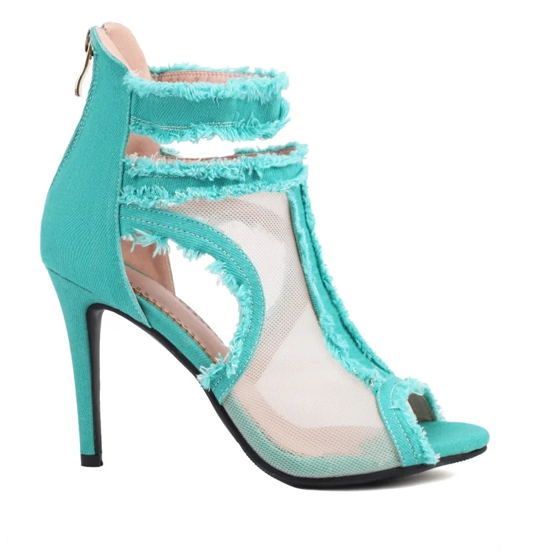 European pop air mesh+denim summer ankle boots for women sexy lady peep toe long riding boots beach sandals high heels pumps