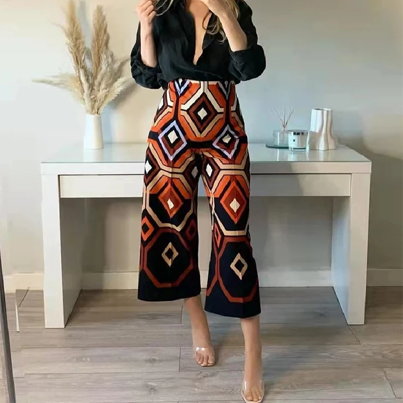 

Women Boho Print Wide Leg Pants 2022 Spring Fashion Ladies High Waist Streetwear Trousers Female Loose Straight Pants