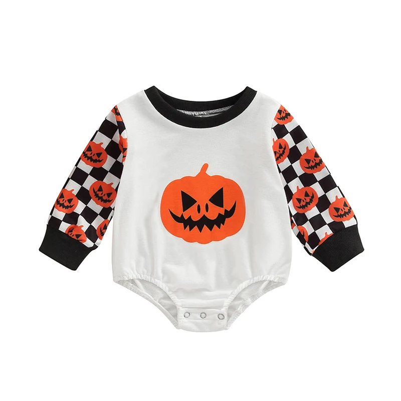 

Bmnmsl Baby Romper Halloween Pumpkin Checkerboard Print Crew Neck Long Sleeve Bodysuit Autumn Outfit, 0-18 Months