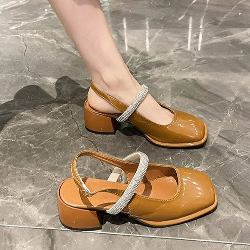 

Mary Jane Small Leather Shoes Women's Sandals 2022 Summer Rhinestone Buckle Strap Patent Leather Elegant Thick Heel Casual Shoes