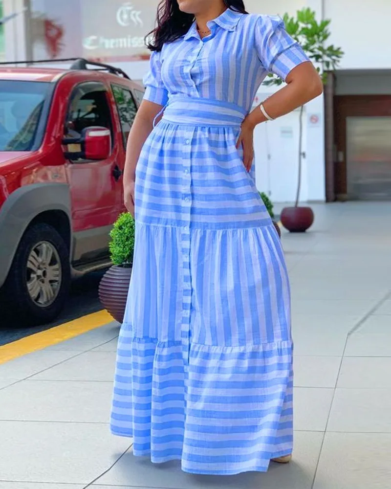 

Vintage Puff Sleeve Women Party Maxi Dress Elegant Striped Office Lady Long Dresses Fashion Turn-down Collar Button Shirt Dress
