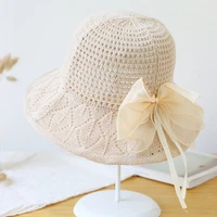 2022 fashion summer womens bucket hat straw made bow hand made straw hat foldable parent child panama hat children beach sun vi