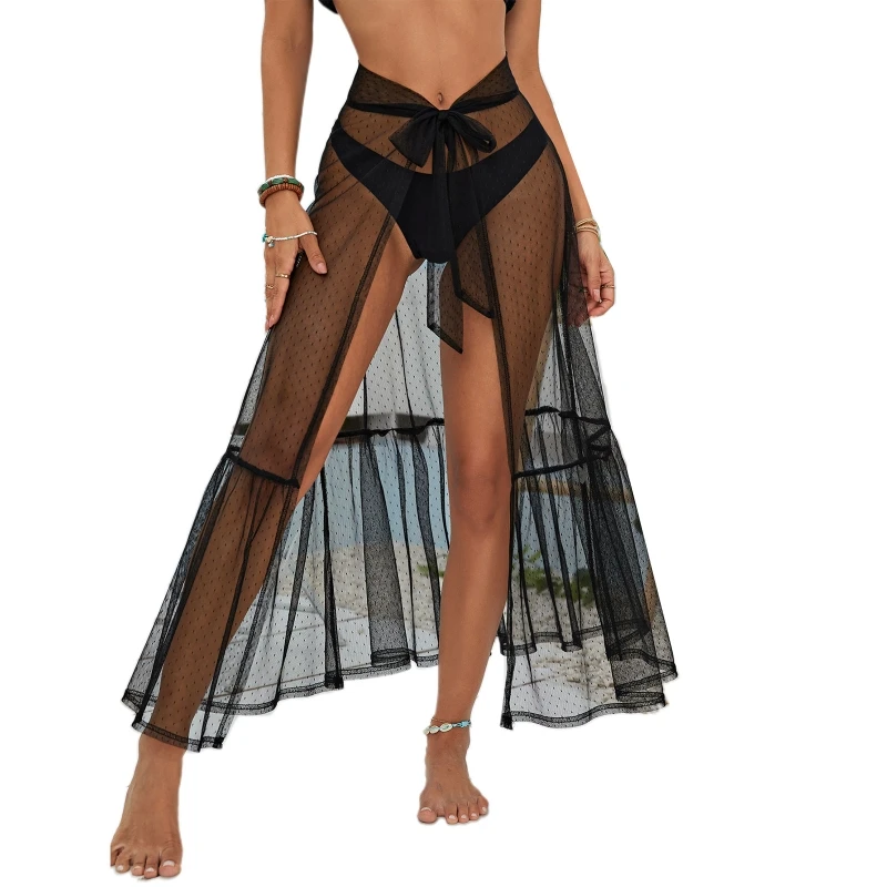 

Women Bikini Cover Up Polka Dot Mesh Ruffle Beach Sarong Split Wrap Maxi Skirt P8DB