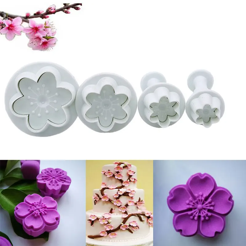 

4pcs Flower Shape Plastic Baking Mold Kitchen Biscuit Cookie Cutter Pastry Plunger 3D Stamp Die Fondant Cake Decorating Tools