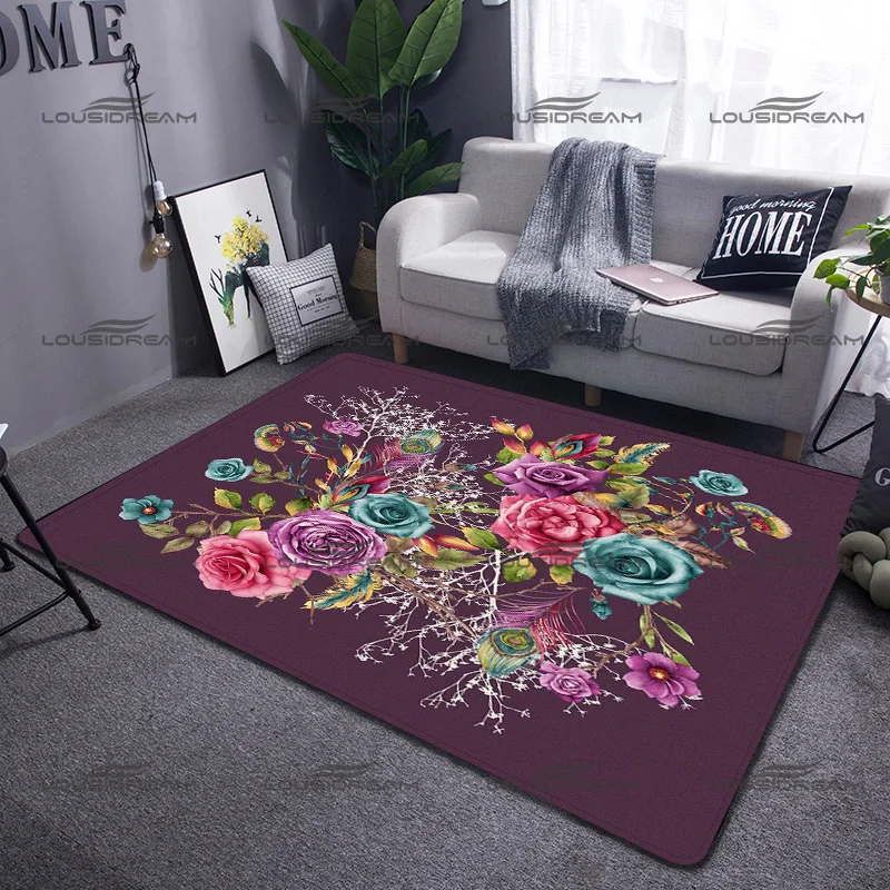 

Exquisite Plant Flower Carpet Square Flannel Flower Pattern Rugs Modern Home Living Room Floor Mat Bedroom Carpet