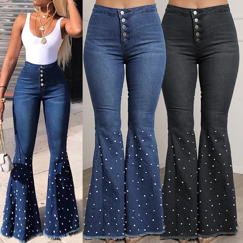 

Autumn Elastic High Waist Denim Flare Pants Women Retro Diamonds Jeans Wide Leg Trousers Female Bell-Bottoms Flare Pants WDC4806