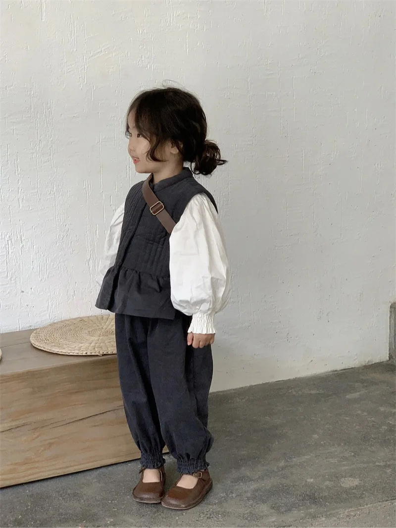 

3561C Girl Clothes Sweet Bubble Sleeve Shirt Or Vest Suit 2022 Autumn and Winter Girl's Corduroy Vest Jacket leg Pants
