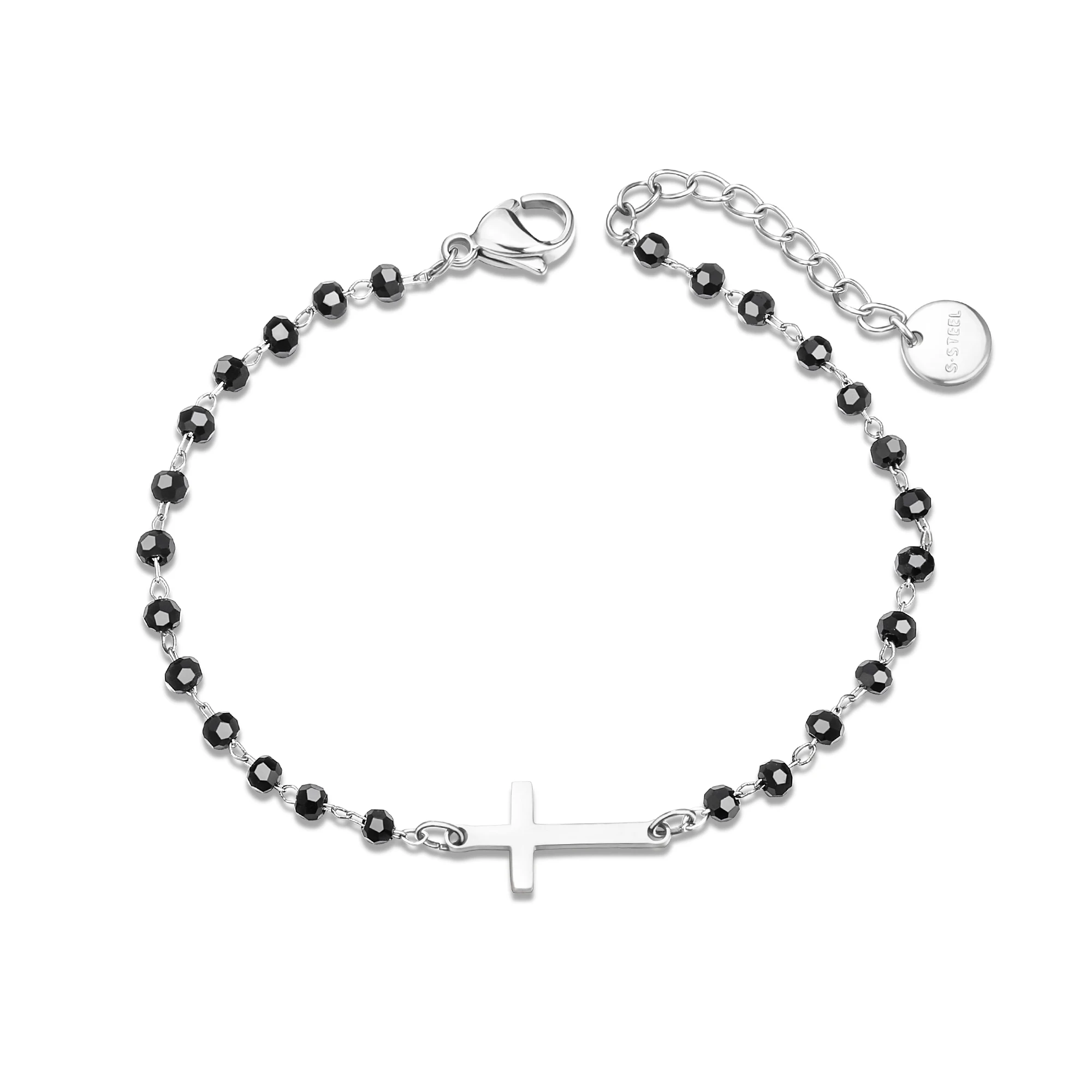 

Cross I LOVE YOU Heart Charm Bracelets For Women Black Crystal Beads Chain Stainless Steel Bracelet Engagement Jewelry 2022