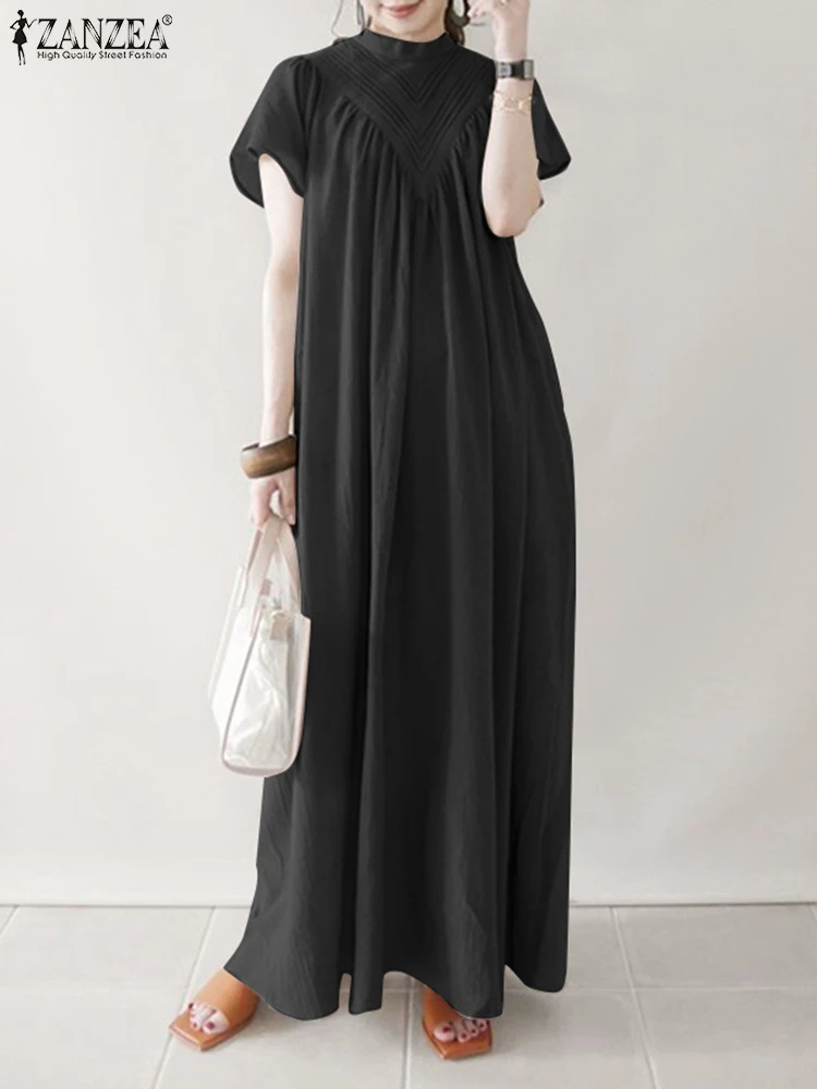 

Платье ZANZEA женское длинное с воротником-стойкой, винтажное однотонное Элегантное повседневное мешковатое в стиле ретро, с коротким рукавом...