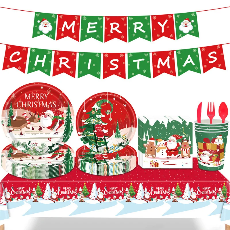 

Christmas Cutlery Set Disposable Cutlery Christmas Paper Plate Paper Cup Paper Towel Merry Christmas Tablecloth Wholesale