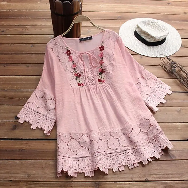 

Women's Tunic Top Lace Round Neck 3/4 Sleeve Tunic Women's 2023 Summer Street Loose Fitting Women's Top European and American